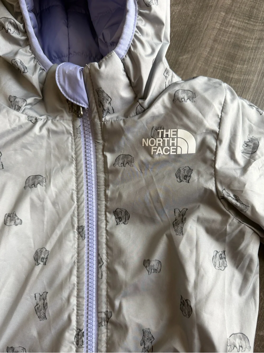 The North Face Baby Girl Reversible Perrito Jacket Purple Gray Bears Sz 6-12m